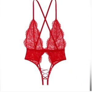 Victoria's Secret Lacy Lace-Up Crotchless Teddy Very Sexy Corset Bodysuit Red Sm